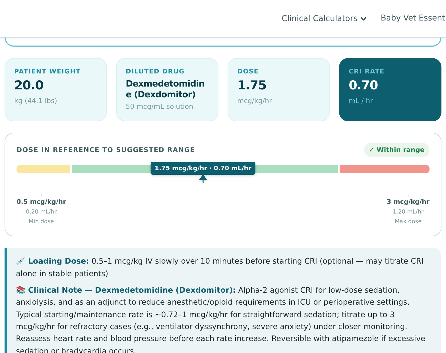 CRI Set Up calculator screenshot showing a completed infusion-rate result