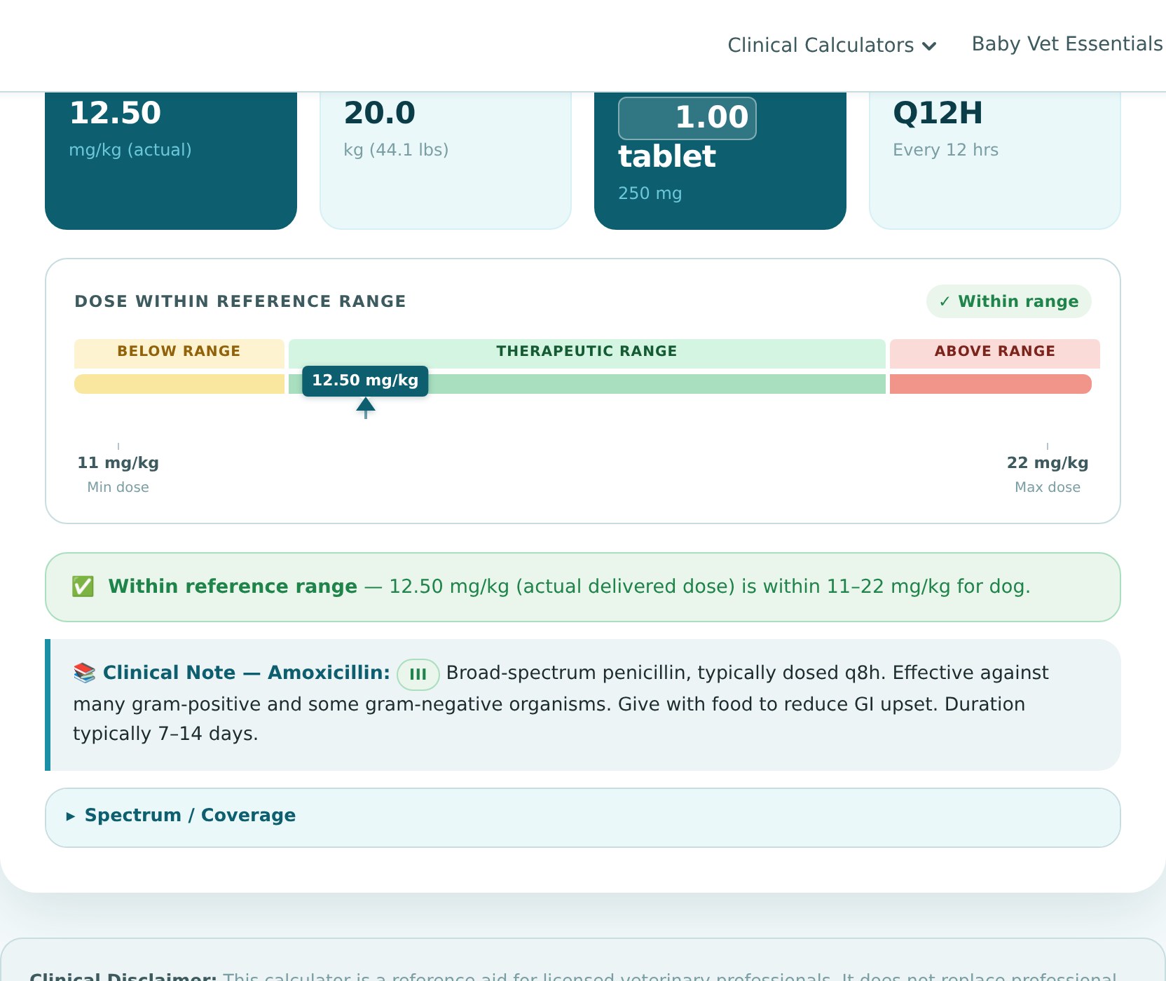 Medication Dosage Calculator screenshot showing a completed dose-range result