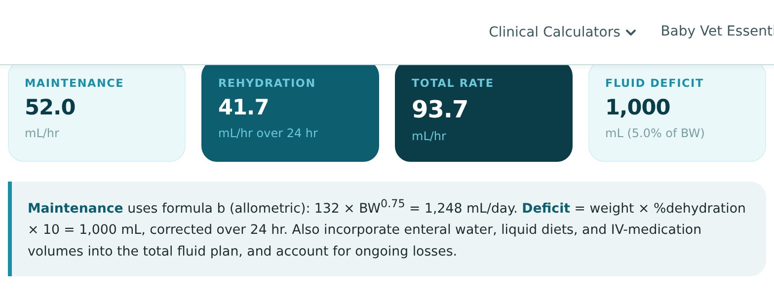 Fluid Therapy calculator screenshot showing maintenance, rehydration, and total rate results
